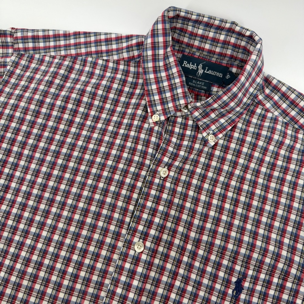 Ralph Lauren Blake Shirt Mens S Red Navy Plaid Short Sleeve Cotton Button Down